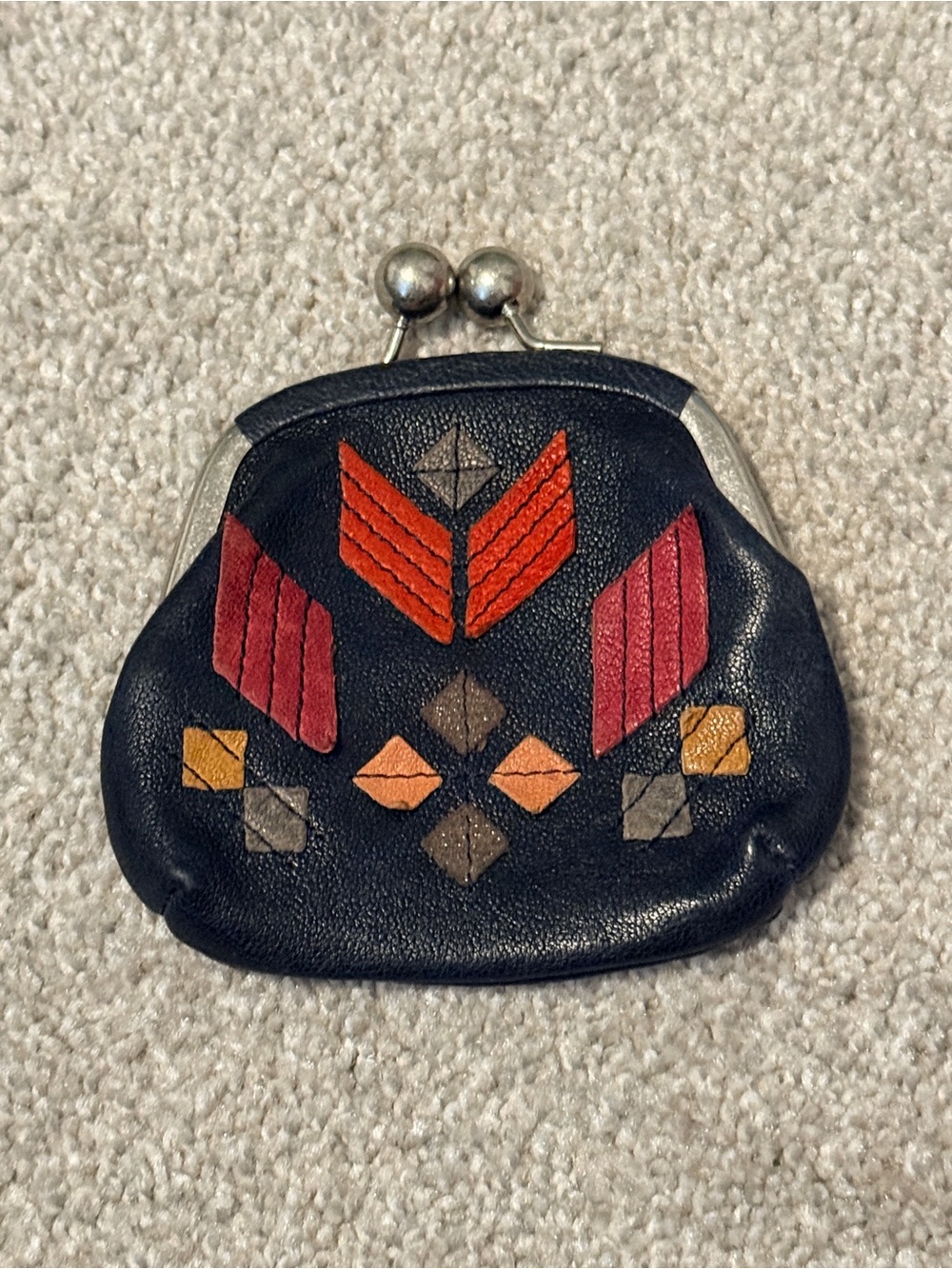 Fossil Leather Kiss Lock Coin Purse Geometric Patchwork Mini Pouch Key